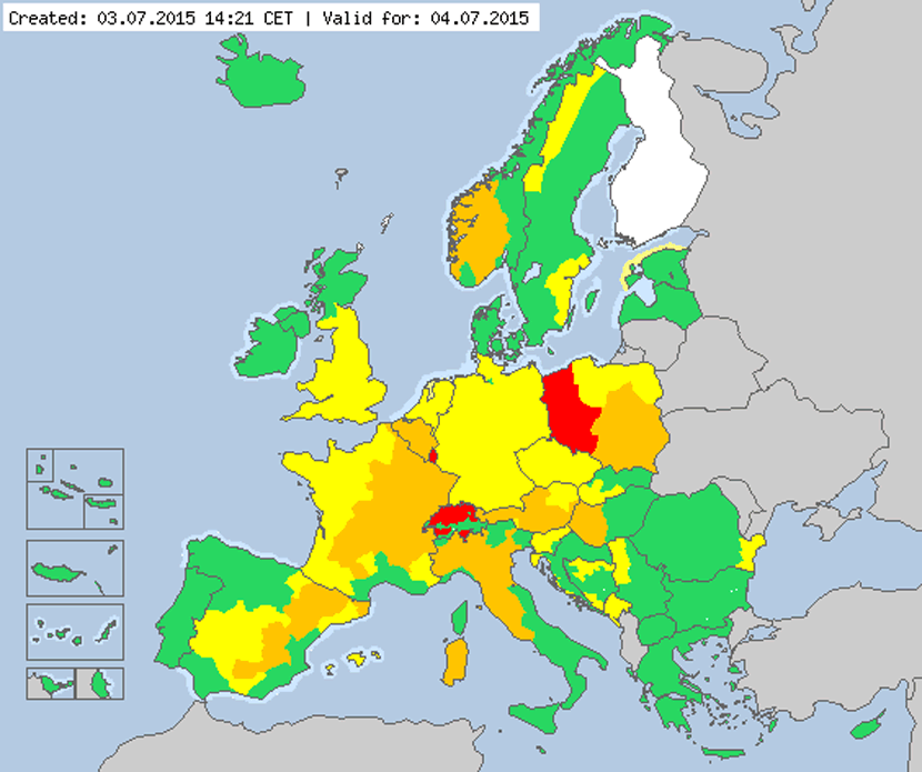 Avisos meteorológicos en Europa previstos para mañana, 4 de julio de 2015. Crédito: MeteoAlarm.