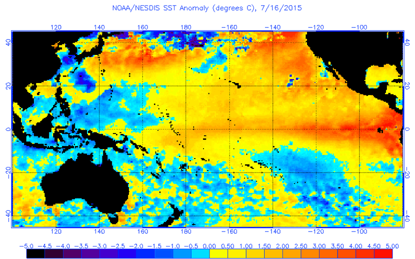 Anomalías de temperatura de las aguas superficiales del Pacífico, 16 julio 2015.
