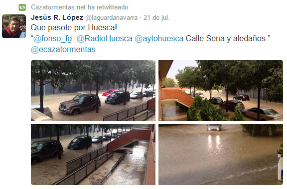 Precipitaciones torrenciales en Huesca, al paso de una tormenta severa, posible supercélula, 21 julio 2015.