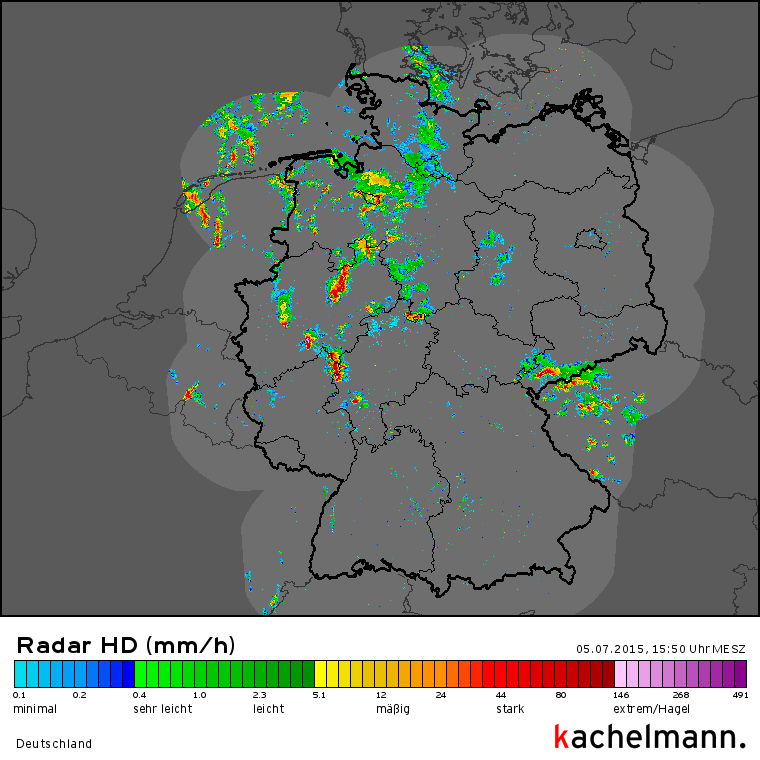 Imagen mosaico de radares meteorológicos de Alemania, 5 julio 2015, 13:50 UTC.
