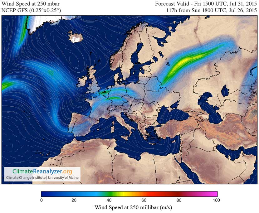 Posición e intensidad del Chorro Polar prevista por el modelo GFS para el 31 julio 2015, 15 UTC.