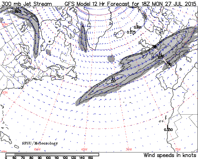 Evolución de la Corriente en Chorro Polar durante los próximos 4 días a intervalos de 12 horas. Modelo GFS.
