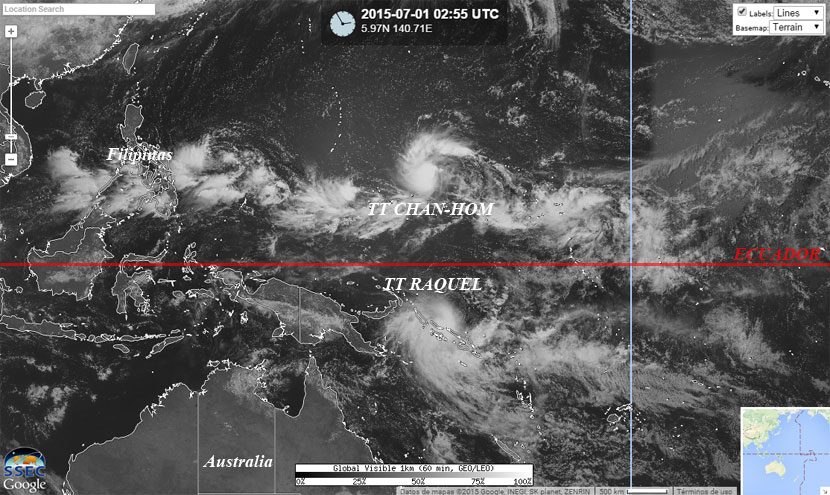 Ciclones tropicales en el Pacífico Oeste: Chan-Hom en el Hemisferio Norte, Raquel en el sur. Crédito: SSEC/Google.