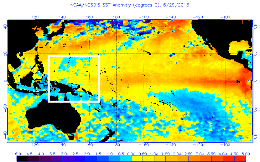 Anomalías de temperatura de las aguas superficiales oceánicas, Oceáno Pacífico, 29 junio 2015.