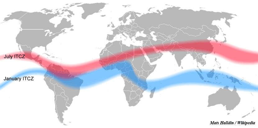 Posición de la Zona de Convergencia Inter Tropical (ZCIT) en verano (rojo) y en invierno (azul).