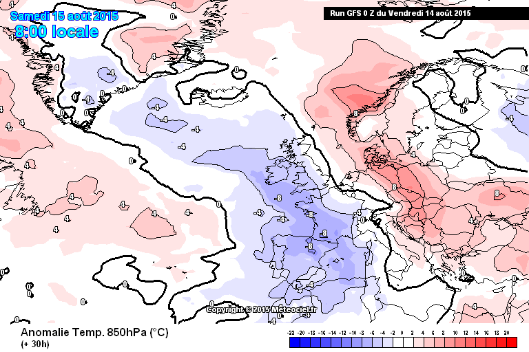 Anomalía de temperatura a 850 hPa según el modelo GFS, prevista para mañana 15 agosto 2015 06 UTC.