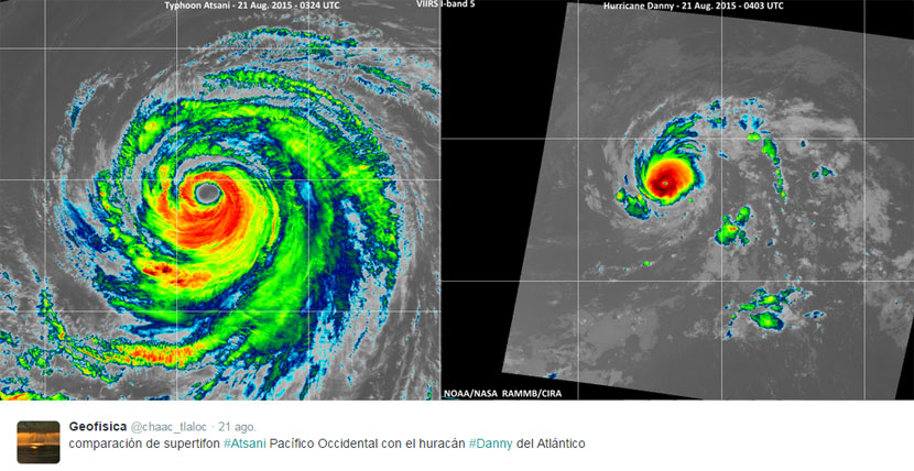 Comparativa de tamaños Atsani vs. Danny, en imágenes infrarrojas y falso color RGB, 21 agosto 2015.