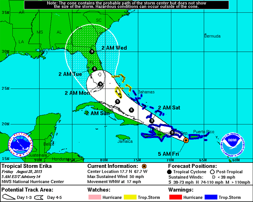 Cono de incertidumbre a 5 días sobre la tormenta tropical Erika. Centro Nacional de Huracanes de Florida, 28 agosto 2015.