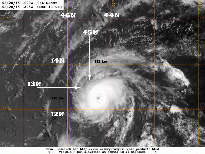 Imagen visible del recién nombrado huracán Danny, destacándose su pequeño tamaño. 20 agosto 2015.