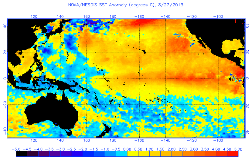 Anomalías de temperatura de las aguas superficiales del Pacífico (SST), 27 agosto 2015.