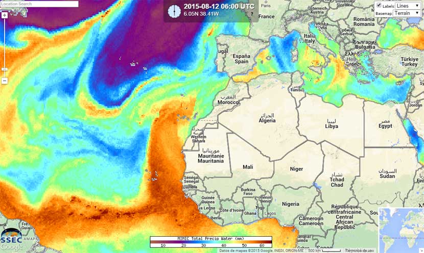 Agua Precipitable Total (MIMIC), potente advección de humedad tropical afectando a Canarias. 12 agosto 2015, 06 UTC.