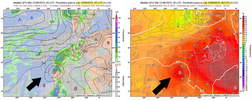 Depresión subsahariana, presencia en campos isobárico de superficie y 850 hPa. Previsión del GFS para mañana a las 00 UTC.
