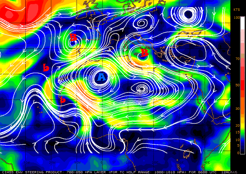 Flujos de viento (líneas blancas) e intensidad (nudos, en colores), en el estrato atomsférico 700-850 hPa. 12 agosto 2015, 06 UTC. Crédito: CIMMS.