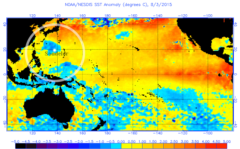 Anomalía de temperatura de las aguas superficiales oceánicas del Pacífico, 3 agosto 2015.