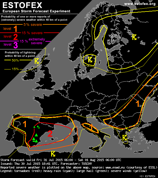 Probabilidad de fenómenos meteorológicos severos asociados a tormentas y fenómenos reportados (granizo, en verde), 31 julio 2015.