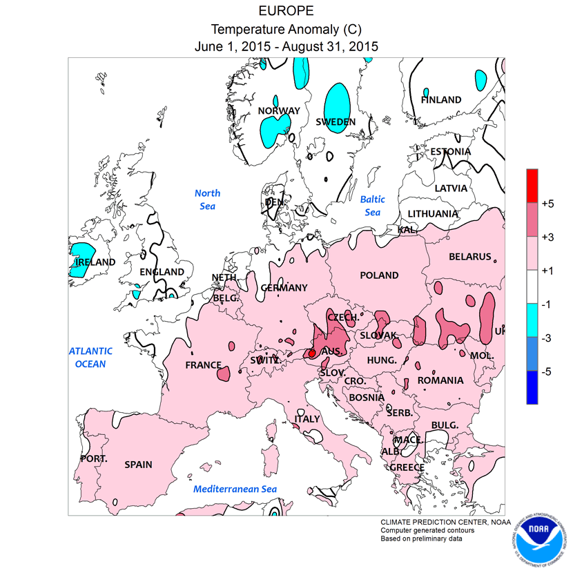 Anomalía de temperaturas en el trimestre junio - agosto, año 2015.