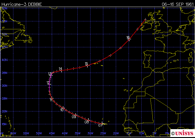 Trayectoria e intensidades del huracán Debbie en 1961.
