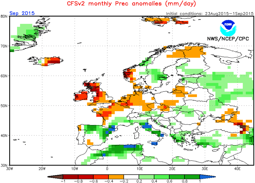 Anomalía de acumulados de precipitación para septiembre 2015, según el modelo estacional CFS.