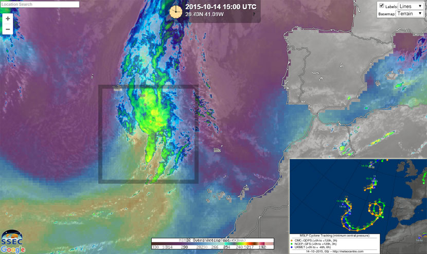 Combinación imagen infrarroja y falso color RGB (temperatura de topes nubosos) y Agua Precipitable Total, 14 octubre 2015, 15 UTC.