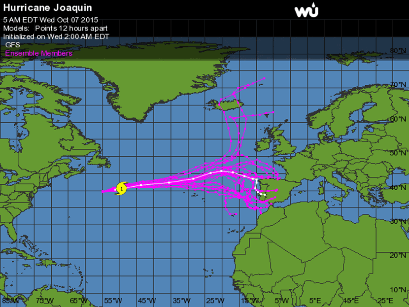 Pronóstico de trayectoria para el huracán Joaquin según los miembros del modelo GFS, 7 de octubre de 2015.