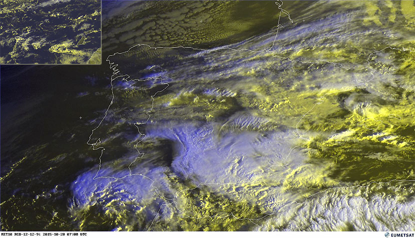 Imagen visible y falso color RGB, con visión general de la Península Ibérica y Canarias, 20 octubre 2015, 07 UTC.