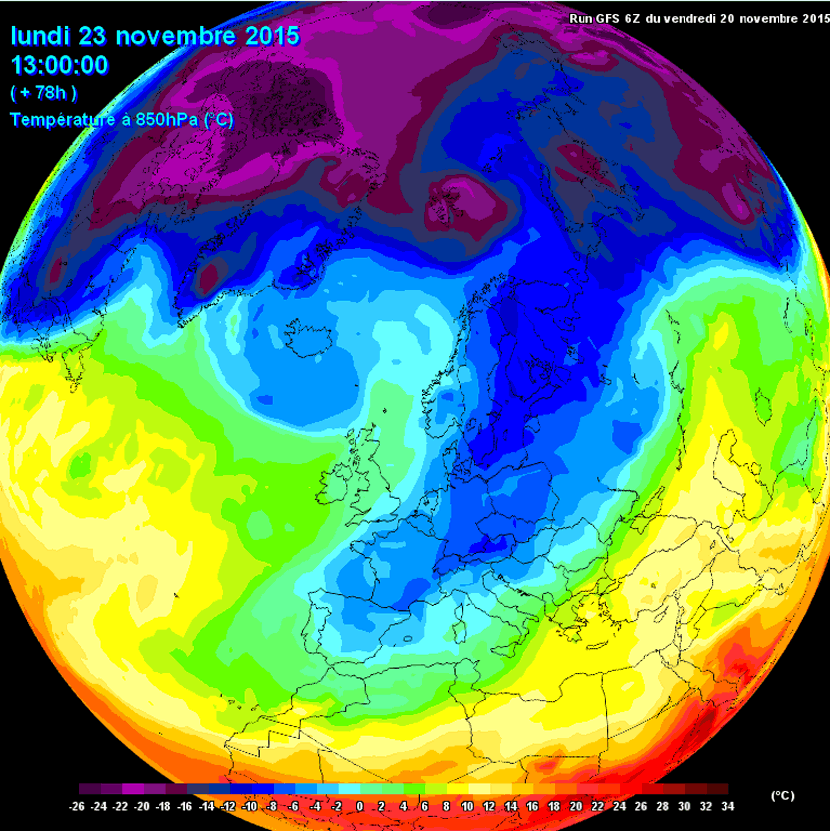 Temperaturas a 850 hPa, según el modelo meteorológico GFS, previstas para el 23 noviembre 2015, 13 UTC. Crédito: Meteociel.