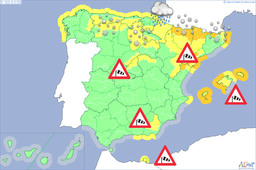 Mapa de avisos por Fenómenos Meteorológicos Adversos, previsto para mañana, 21 noviembre 2015.