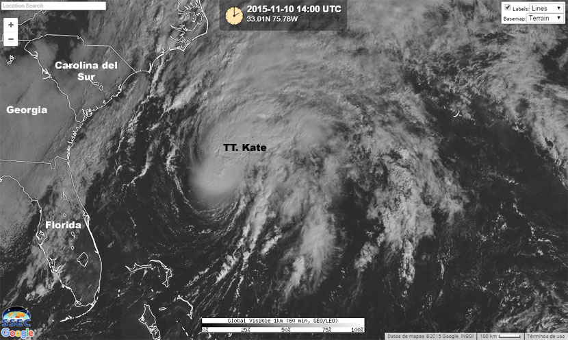 Imagen visible de la tormenta tropical Kate en el Atlántico Occidental, 10 noviembre 2015, 14 UTC.