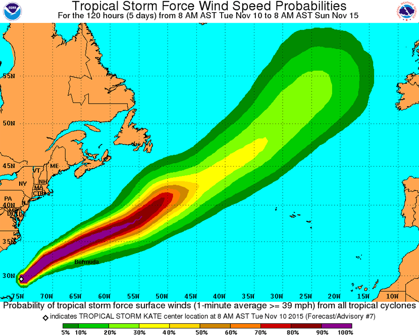 Mapa de probabilidad de vientos con fuerza de tormenta tropical, en previsión a Kate en los próximos días.
