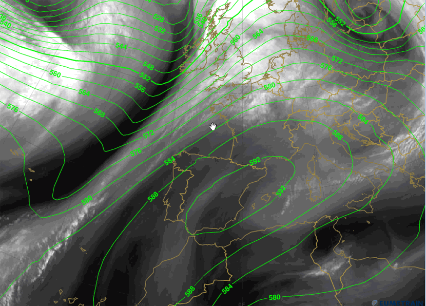 Imagen de vapor de agua y campo de altura geopotencial de 500 hPa, de hoy 8 noviembre 2015, 12 UTC.