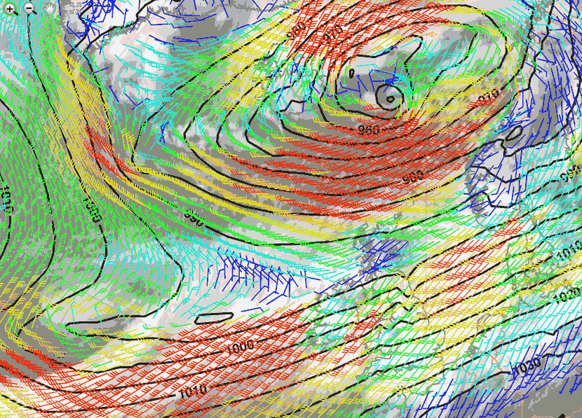 Análisis atmosférico del entorno sinóptico (isobaras en superficie y viento a 10 m.) para oeste y noroeste de Europa, 6 diciembre 2015, 12 UTC. Crédito: Eumetrain.