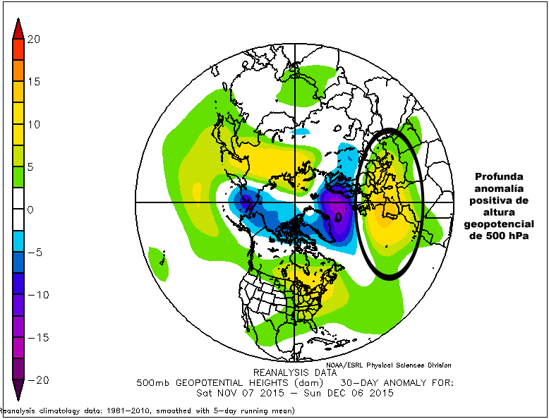 Anomalía en 30 días, de la altura geopotencial de 500 hPa en el Hemisferio Norte. Crédito: NOAA.