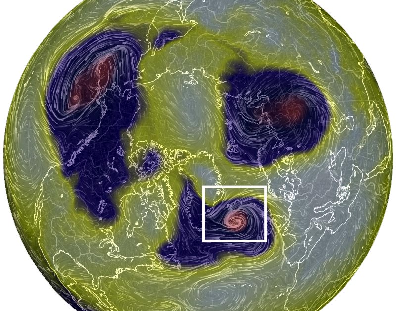 Nivel de superficie: presión atmosférica (colores) y flujos de viento. Previsión del modelo GFS par hoy 7 diciembre 2015, 21 UTC.