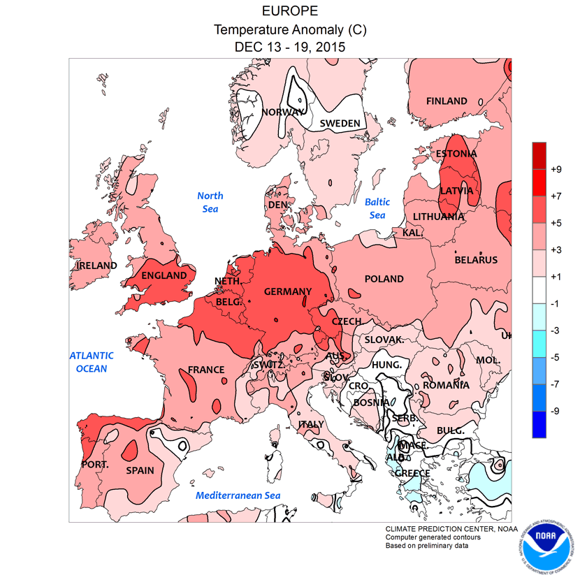 Anomalía de temperatura para la semana 13 a 19 de diciembre de 2015.