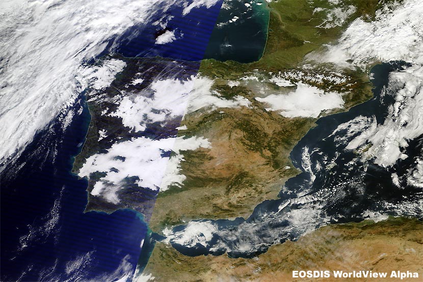 Imagen visible de alta resolución centrada en la Península Ibérica. Satélite TERRA (sensor MODIS), 21 diciembre 2015.