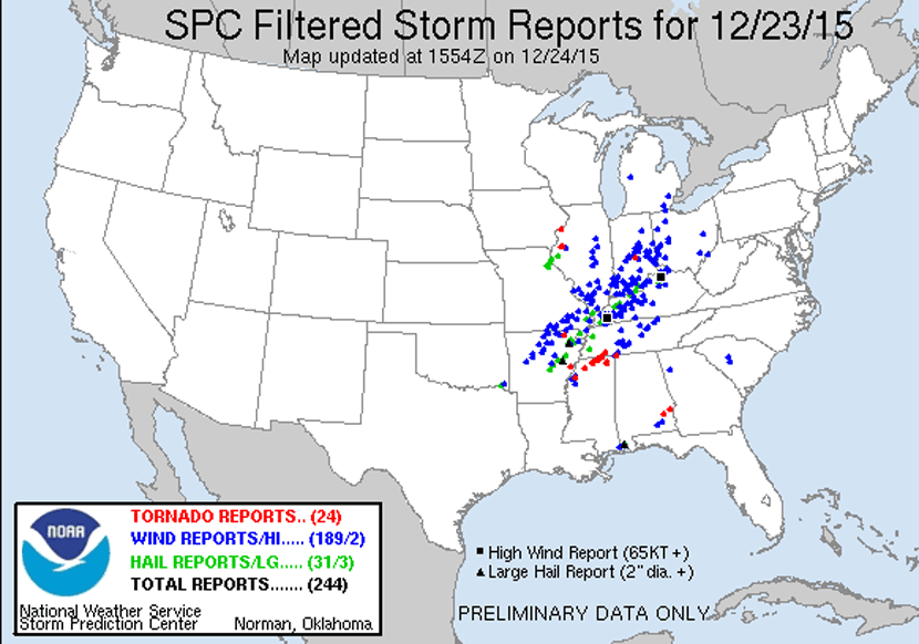 Reportes de fenómenos severos asociados a tormentas (tornados,vendavales y pedrisco) en Estados Unidos, ayer 23 diciembre 2015.