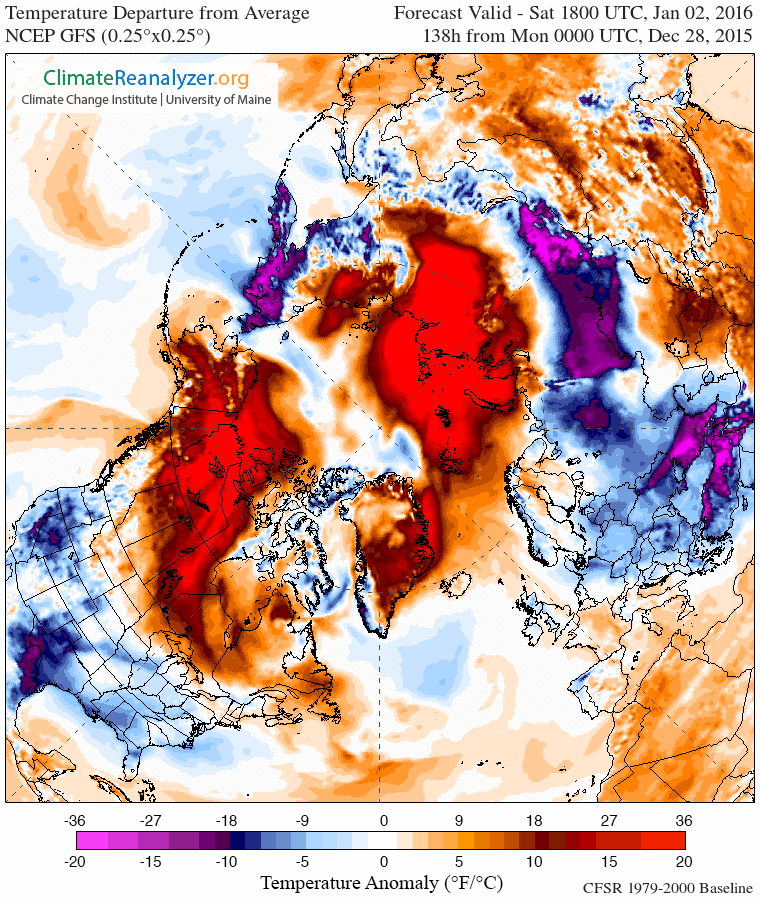Anomalía de temperaturas del aire a 2 metros de altura, según el modelo GFS. Previsión para el 2 de enero de 2016.