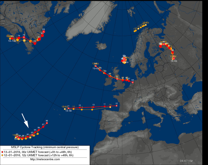 Previsión de trayectoria del probable ciclón subtropical al sur-suroeste de las Azores, según el modelo UKMO.