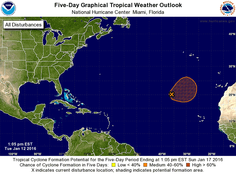 Gráfico de las Perspectivas del Tiempo en el Trópico a 5 días. Crédito: Centro Nacional de Huracanes de Florida, USA.