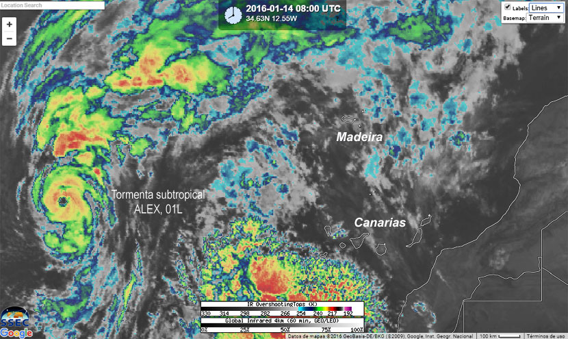 Imagen compuesta IR + IR RGB de la tormenta subtropical Alex, 14 de enero de 2016, 08 UTC.