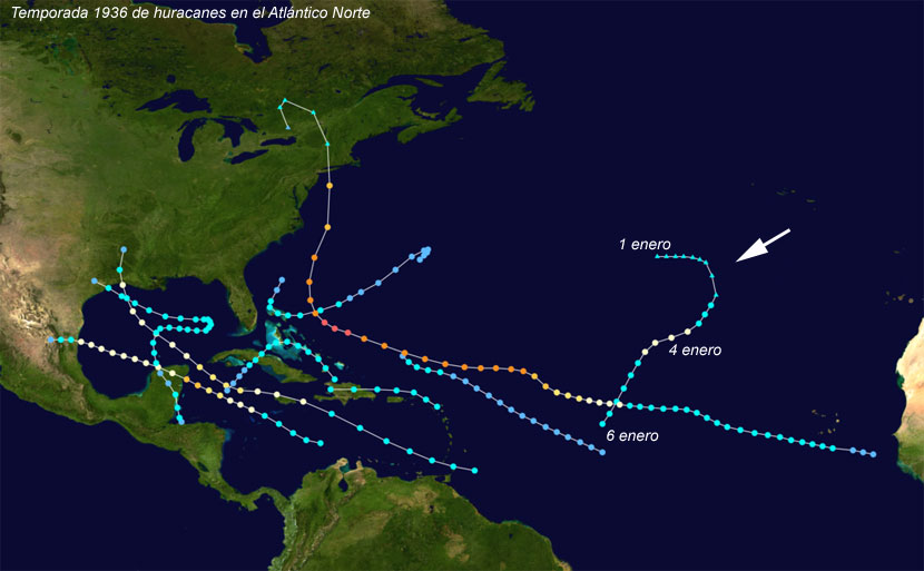 Resumen gráfico de la temporada de huracanes de 1938 en el Atlántico Norte. Destaca el huracán de enero.
