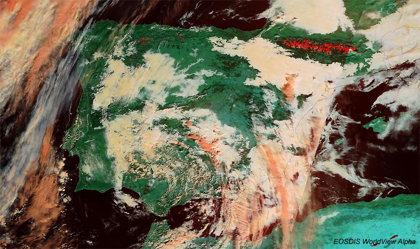 Imagen visible de alta resolución y falso color RGB, centrada en la Península Ibérica, 26 enero 2016.