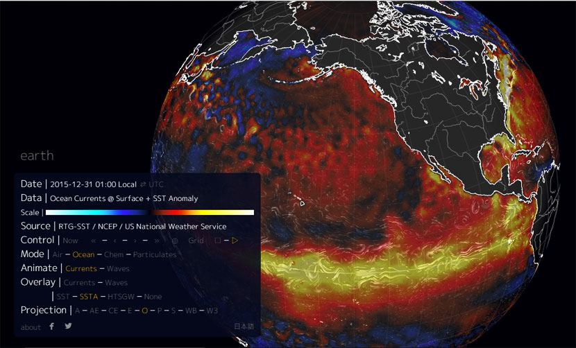 Anomalías de temperatura de las aguas superficiales en el Pacífico a 31 de diciembre de 2015, basado en Earth Wind Map.