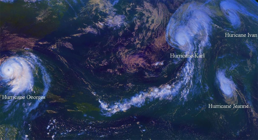 Cuatro huracanes simultáneos en el Atlántico Norte, el 26 de septiembre de 1998. Crédito: NOAA/NHC/OSEI.