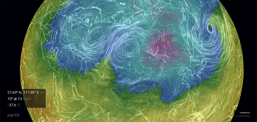 Nivel de 850 hPa: temperatura (colores) y líneas de flujo del viento. Análisis modelo GFS, 20 de enero de 2016, 20 UTC. EWM.