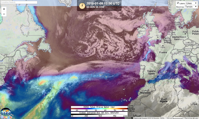 Composición imagen infrarroja y Agua Precipitable Total (ríos atmosféricos de humedad), 9 de enero de 2016, 13 UTC.