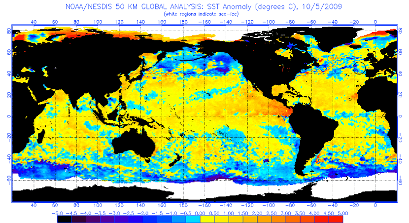 Anomalías globales de la temperatura superficial de las aguas de los océanos, 5 de octubre de 2009.