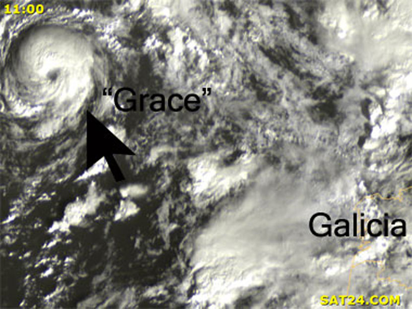 Tempestad tropical GRACE en su punto álgido, a 600 km. de Galicia. Imagen visible, 5 de octubre de 2009.
