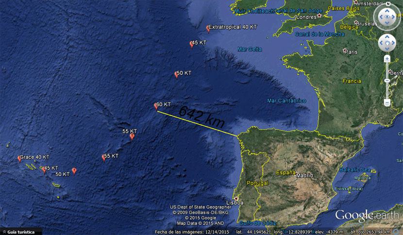 "Track points" de Grace, desde que nace como tempestad tropical hasta que se torna extratropical, en base a los datos del CNH. Mapa: Google Earth.