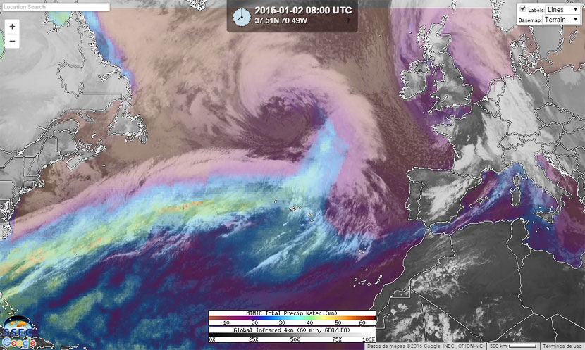 Combinación de imagen infrarroja y Agua Precipitable Total, 2 de enero de 2016, 08 UTC.